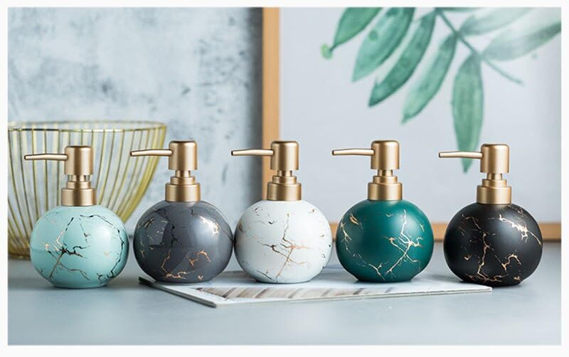 Image of Luxury Ceramic Soap Dispenser (Luxe Blue) - 350ml Round Modern Refillable Lotion Shampoo Handwash Bottle Matte Blue with Gold Marbling Premium Countertop Accessory for Bathroom, Kitchen & Wash Basin