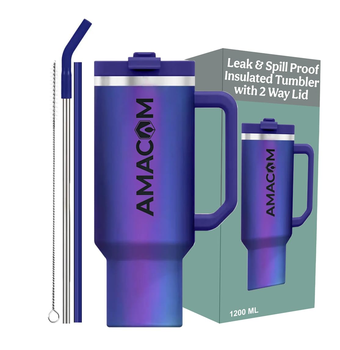Amacom Insulated Stainless Steel Tumbler with Lid and Straw | 100% Leak Proof Water, Juice, Coffee Sipper with Lid for Office, Gym, Travel | 1.2 Litre Mug with Handle for Adults & Kids (Azure Prism)