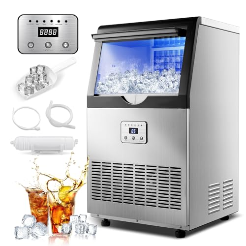 Amzgachfktch Commercial Ice Maker, 100lbs/24H Ice Maker Machine, Auto Self-Cleaning, LED Digital Display, Blue Light, Under Counter/Freestanding Ice Machine for Home/Office/Restaurant/Bar