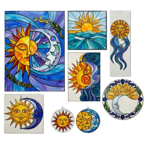 Image of The Crafthives Sun & Moon Glass Painting Kit | Boho Suncatcher DIY Stained Glass Art Set with Acrylic Frames, Colours, Brushes & Outliner | Creative Glass Painting Craft Kit for Kids Beginners Adults