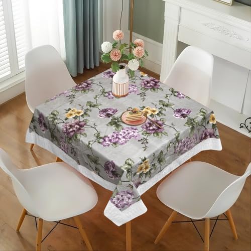 Image of Dakshya Industries PVC Waterproof Square Table Cover 48x48 Inch for 4 Seater Dining Table | Floral Printed Oilproof Stain Resistant Washable Plastic Table Cover, Grey & Purple