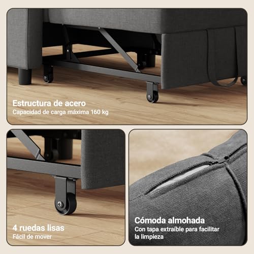 Xbro 3-in-1 Sleeping Chair Sofa Bed, Convertible Chair with Bed Function, Sofa Bed with Cushion and Side Pocket, Armchair with Sleep Function for Small Apartment (Dark Grey)