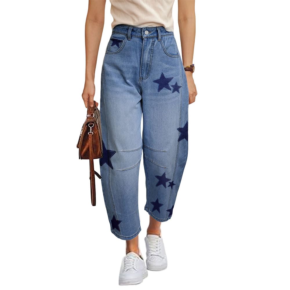 Jeans a barile da donna larghi con stampa a ferro di cavallo jeans a ferro di cavallo a vita media gamba larga ritagliati alla caviglia pantaloni in denim