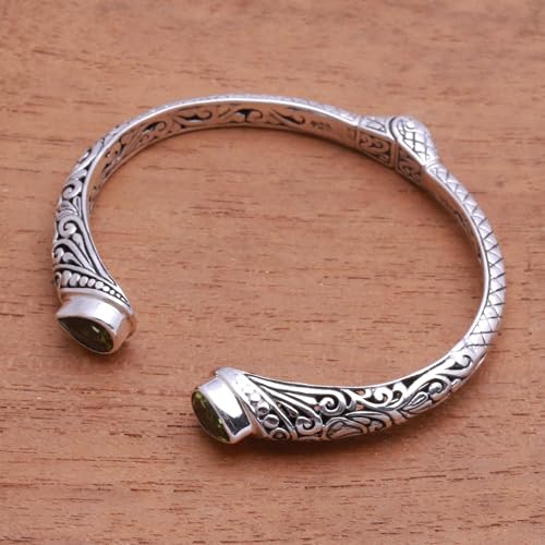 NOVICA Artisan Handmade Peridot Cuff Bracelet Teardrop from Bali Sterling Silver Indonesia Gemstone [5.75 in L (end to End) x 0.3 in W] ' Balinese Terrace'4
