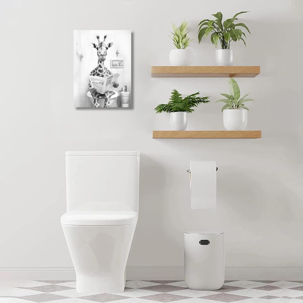 Yidepot Funny Toilet Giraffe Bathroom Decor: Kids Bathroom Pictures Black And Black And White Canvas Wall Art Framed 12"x16" - Image 3