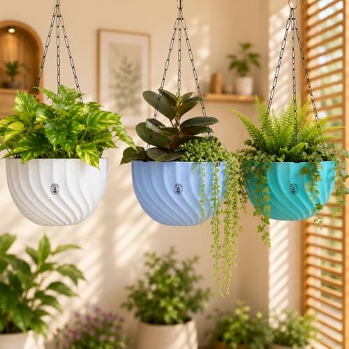 Image of Urban Upvan Hanging Planters with Chain | Uv-Protected Rattan Style Plastic Flower Pots for Balcony, Indoor Plants, Garden, Terrace & Home Decor Multicolour (Set of 3)