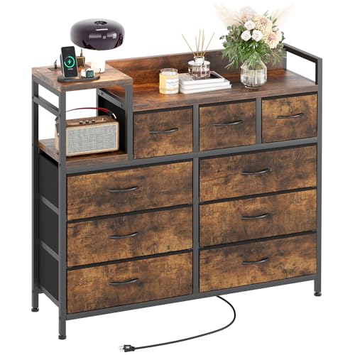 Jojoka TV Stand with Charging Station, Bedroom Dresser for Living Room TV Stand with 9 Drawers, Vintage