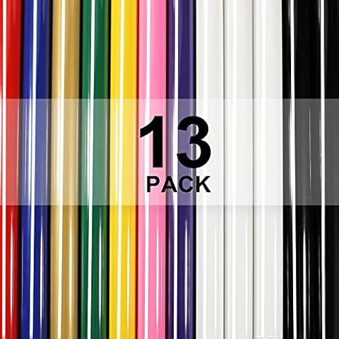 XSEINO HTV Heat Transfer Vinyl for T-Shirts 12"x10" -13Pack Perfect Iron On Vinyl for Cricut, Silhouette Cameo or Heat Press Machine - 9 Assorted Colors Iron on Vinyl(Total 12in*10ft) Cover