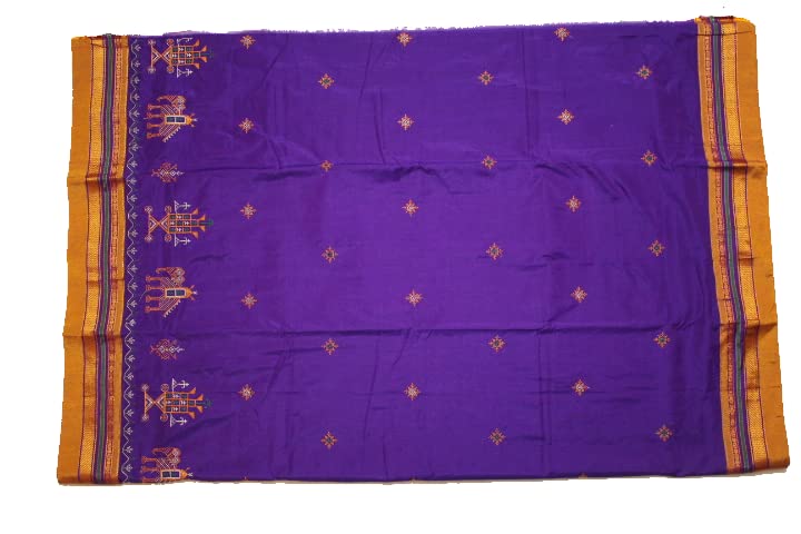 Image of Women Ilkal Cotton Blended Silk Kasuti Embroidery Saree with Traditional Stripe Pallu Unstitched Blouse Pattu