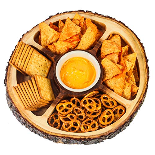 PHUPHAN Wooden Serving TraysCheese Platter Charcuterie Board Set - Wood Platter with Chip Dip Bowl - Guacamole Salsa Bowls - Cake Stand