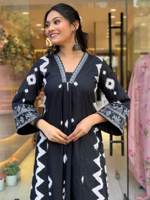 Lookmark Women's Cotton Blend Zigzag And Dotted Print Kurta Plazzo Set With Dupatta Suitable For Every Indian Occasion (Az-Lm-Og-Ks2174 Black-M)