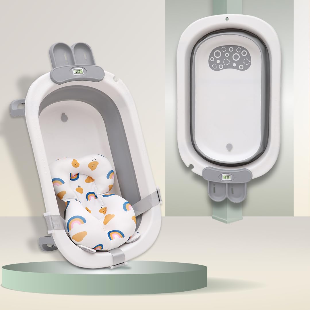 Infantso Premium Bath Tub for Baby 0-5 Years with Smart Temperature Meter|Portable Bath tub with Cushion, Space Saving Design, Newborn Baby Folding Bathing Tub Girls&Boys with Soap Tray, Easy to Store