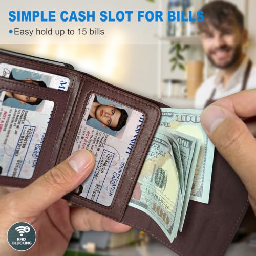 Image of miyozi Airtag Wallet for Men,with Cash Pocket 2 ID Window 9-12 Cards,Metal Case Smart Slim Pop Up Credit Card Holder Flip with Magnetic Closure RFID Blocking Trifold wallet with Gift Box