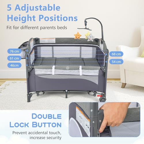 GYMAX Baby Travel Cot, 5-in-1 Portable Baby Bed Playard with Changing Table, Storage Pocket and Hanging Toys, Adjustable Infant Bassinet Nursery Center (Classic) - Image 3
