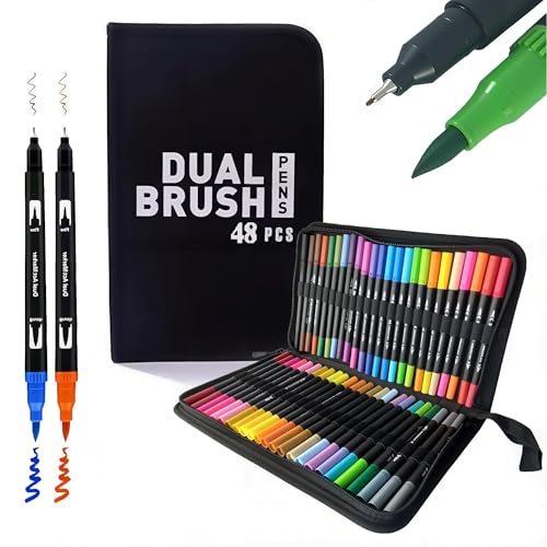 Kit Canetas Marcadoras Ponta Dupla 48 Cores com Estojo/Brush e Ponta Fina/Ideal para Desenho, Lettering e Escola