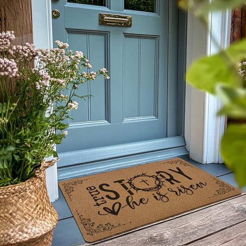 Image of Christian Easter Door Mat Doormat, He is Risen Bible Verse Welcome Front Door Mat Indoor Outdoor Entrance, Religious Easter Artificial Coir Doormats Rugs for Porch Entryway Decor 30x17in