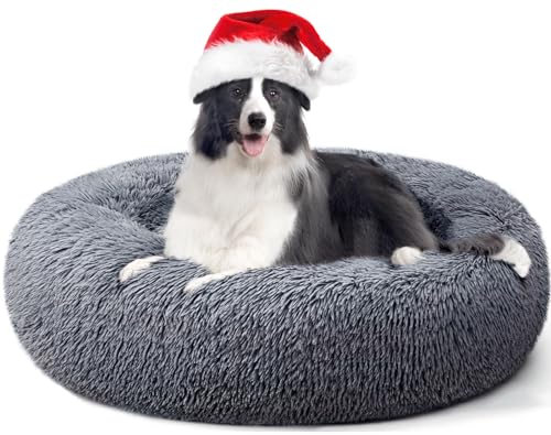 YOJOGEE Calming Donut Dog Bed for Large Dogs XL Dog Beds Fluffy Extra Large Washable Non-Slip Anti Anxiety Plush Cuddler Round Faux Fur Pet Bed 70x70x19cm Dark Grey