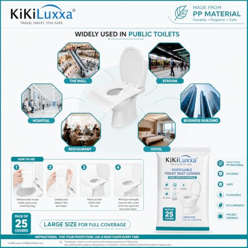 Image of KiKiluxxa Disposable Toilet Seat Covers for Travel, Pack of 25, Individually Wrapped, Waterproof PP Material, Hygienic Portable Toilet Seat Covers for Women, Kids & Adults, Travel Essentials (PP25)
