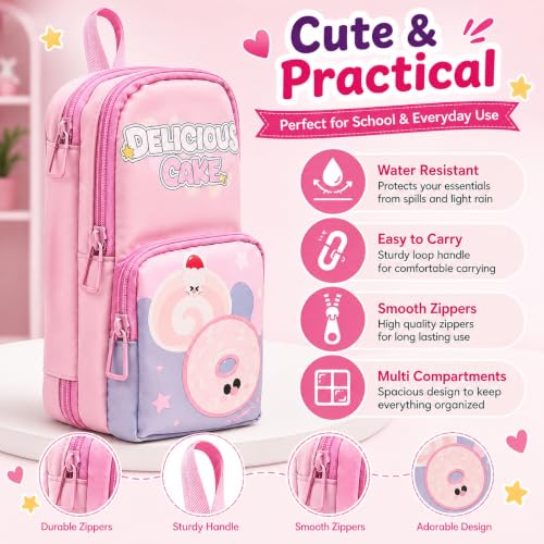 Image of Alokik Cute Pink 3 Compartment Pencil Pouch for Girls, Large Capacity Stationery Organizer with Zipper, Multi Pocket Pouch for Kids, Students & Office UseCute Food Theme Design (Delicious Cake Pouch)