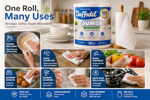Image of DAFFODIL 2 Ply Jumbo Kitchen Towels - 500 Pulls Pack of 1 Roll | Ultra-Absorbent Kitchen Towel Roll | Long Lasting Paper Towel for Kitchen Cleaning, Oil Absorption & Household Use