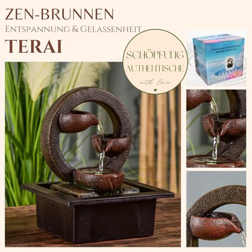 Zen'Light Zimmerbrunnen Zen Terai, originelle Innendekoration, natürlicher Wasserfluss, mehrfarbige LED-Beleuchtung, leise, L 17 x B 21 x H 25 cm, Braun