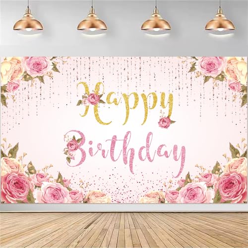 Image of Happy Birthday Banner Pink Birthday Party Backdrop for Women Girls birthday sign Courtyard Photography Background Indoor Outdoor 71 x 47 inches