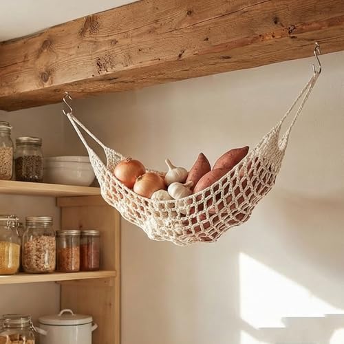 Cesta colgante de algodón artesanal para verduras y frutas con gancho 6