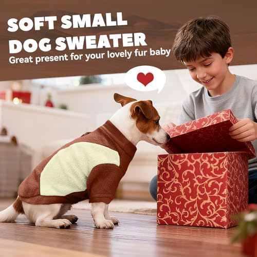 Image of Small Fleece Dog Sweater with Leash Ring Soft Warm Fall Winter Dog Clothes Cute Cat Apparel Puppy Sweaters Classic Pullover Doggy Sweatshirts Chihuahua Costumes Cat Outfits(Brown,XS)