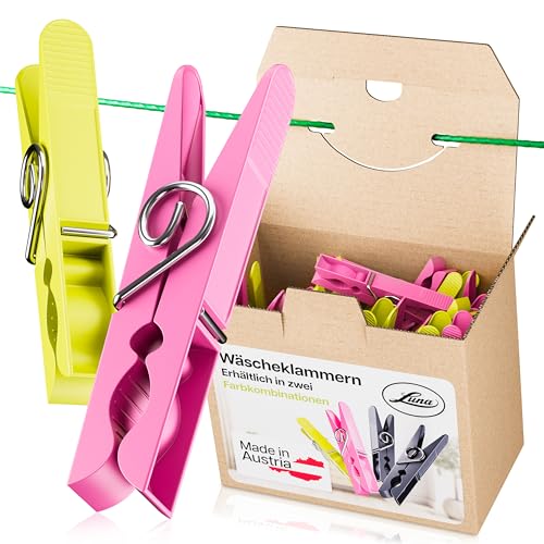 Luna Wäscheklammern Plastik 50 Stück - Made in Austria - Wäscheklammer aus recycelten UV beständigen Kunststoff - Klammern ohne Abdruck - Clothespins - 100% Farbecht - Nachhaltig - Grün & Pink