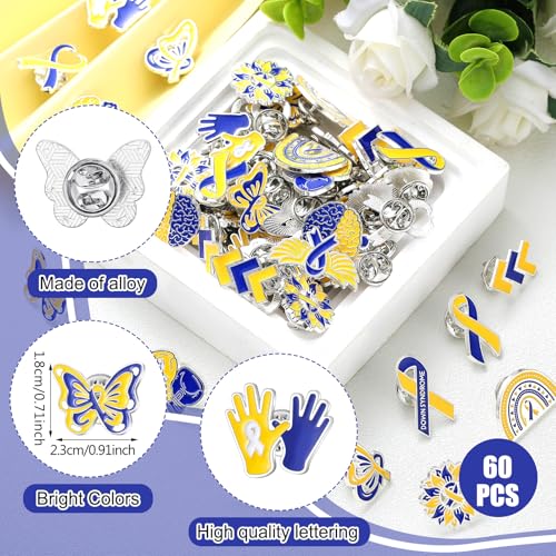 Image of Landical 60 Pcs Down Syndrome Awareness Pins Bulk Blue and Yellow Ribbon Awareness Enamel Lapel Pin World Down Syndrome Day Items Accessories for Social Public Charity Campaign Supplies, 12 Styles