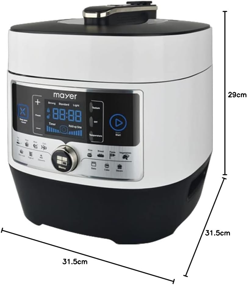 Dimensions diagram of the Mayer 6L Multi Pressure Cooker showing height, width, and depth measurements.