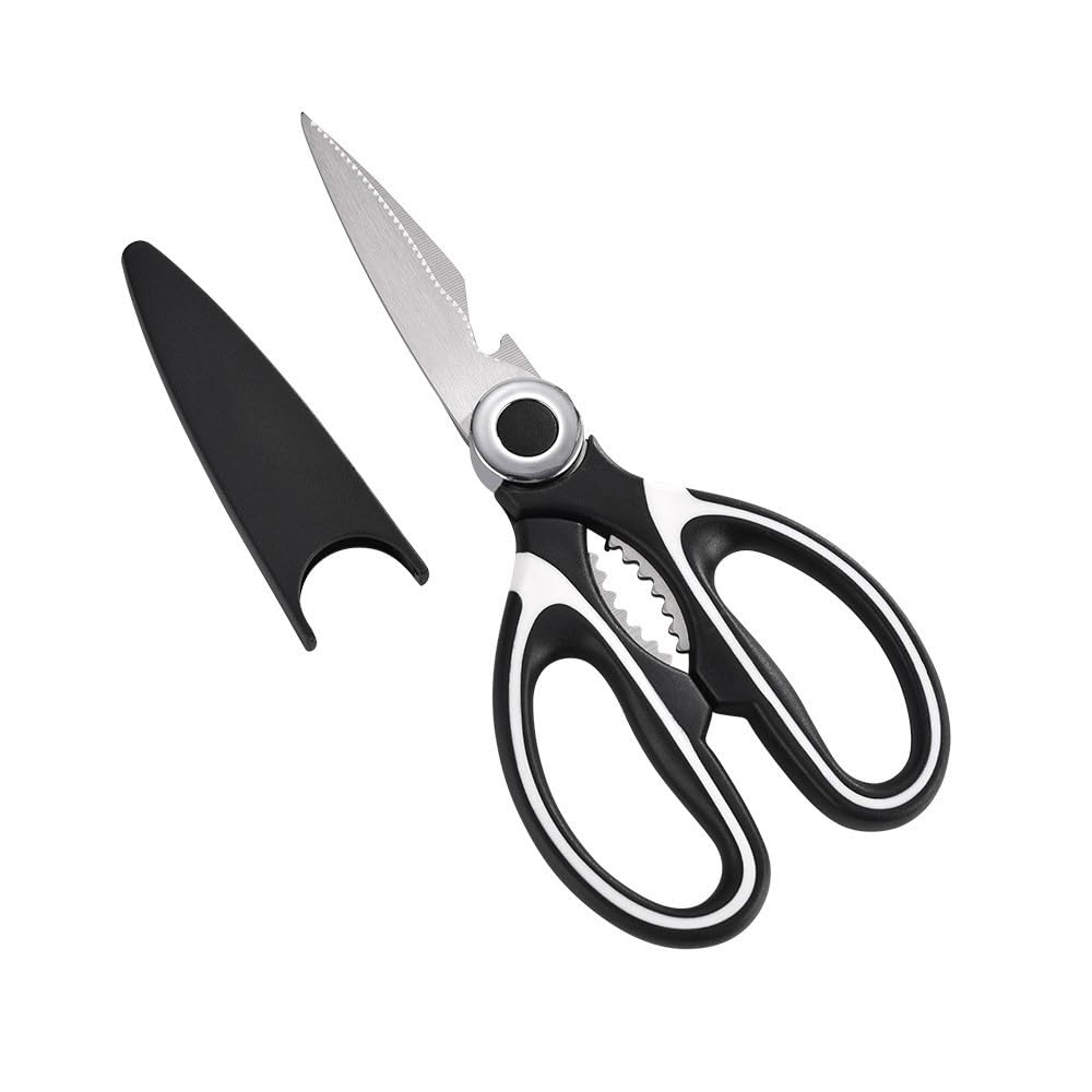 Multi-Purpose Kitchen Shears, SK5 Steel, Black with Protective Cover, Bottle Opener and Nutcracker
