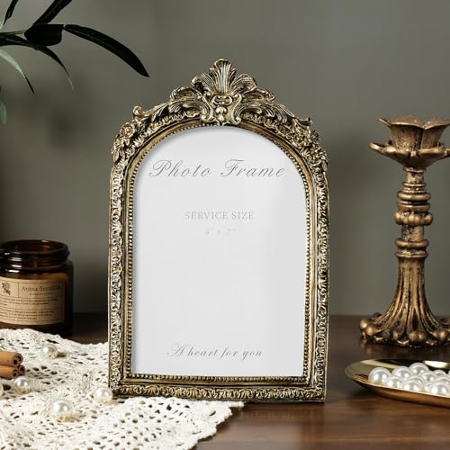 Arched 5x7 Picture Frame Vintage Gold Frames, Bronze 5 by 7 Arched Picture Frame Hand-Crafted Resin with Glass Front Ornate Retro Antique Photo Frames for Wall and Tabletop Display Home Decor