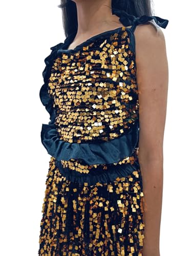 Image of BookMyCostume Western Dance Costume for Girls - Black & Golden Sequin Top and Skirt | Sleeveless Velvet Dress for Kids | Annual Day Dance Dresses & Fancy Dress for Stage Shows & Performances 4-5 Years