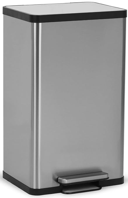 SIMPLI-MAGIC 50 Liter / 13.2 Gallon Soft-Close, Smudge Resistant Trash Can with Foot Pedal and Built in Filter- Stainless Steel, Sleek Finish