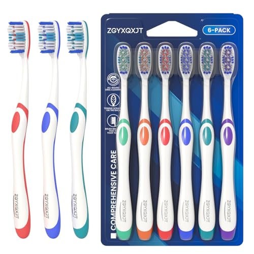ZGYXQXJT Adult Hard bristled Manual Toothbrush with Excellent Cleaning Effect Equipped with Tongue Coating Brush and Wavy bristles for More Effective Cleaning of Teeth6pack