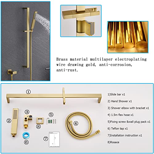 Gerigemt Brushed Gold Shower Slide Bar, Handheld Shower With Adjustable 27.56-Inch Slide Bar And 59 Inch Hose, Shower Wand & Shower Bar, Easy Reach Hand Held Shower For Adults And Child. #TOP6