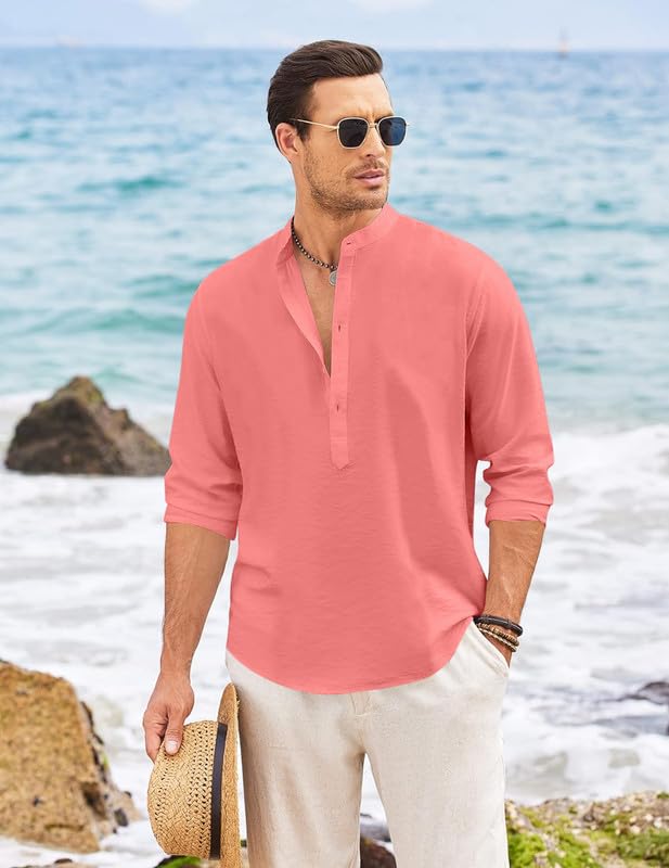 Image of Macsivo Men's Cotton Blend Henley Short Kurta with Mandarin Collar Long Sleeeve Button Closure Curved Hem Regular Fit | Kurta for Men Stylish