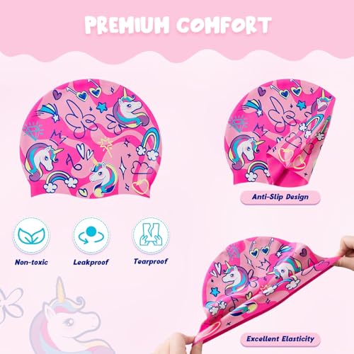 Image of Girls Unicorn Swim Cap and Goggles Set Waterproof Bathing Pool Swimming Caps Comfortable Kids Mermaid Unicorn Swimming Hats for Long and Short Hair (Unicorn Set)