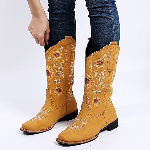 HINDOLA Cowboy Boots for Women Mid Calf Cowgirl Western Boots Sunflower Embroidery Stitched Square Toe Low Heel Wedding Boots2
