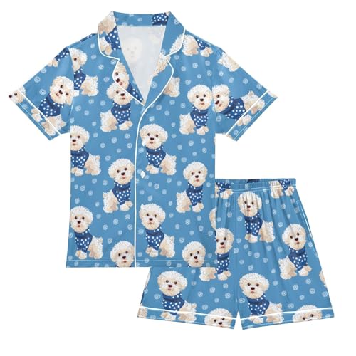 White Dog Blue Dots Pajamas Set Summer Button Down Sleepwear Pjs Sets Comfy Loungewear