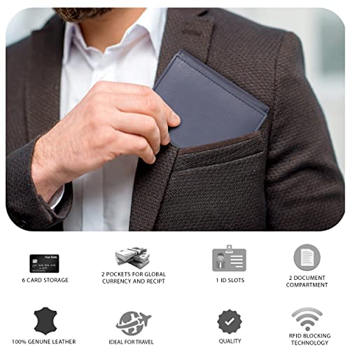 Image of Tri fold Leather Wallet for Men with RFID | Slim Wallets for Men with 1 ID and 6 Credit card slots | Front Pocket Minimalist