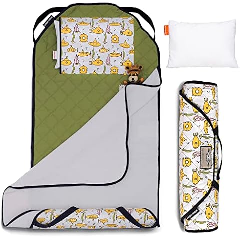 Urban Infant Tot Cot Kids Nap Mat - Toddler Preschool Daycare All-in-One Bedding - Washable Blanket and Pillow - Boys and Girls - Elastic Straps - 52 x 22 Inches - Submarines Cover