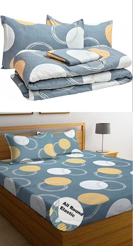 BSB HOME All-Season Printed Super Soft Light Weight 4 Pcs Bedding Set 1 King Size Elastic Fitted Bedsheet 2 Pillow Covers Along with Comforter-Ac Blanket/Quilt-King,220 GSM|Grey & White,Cotton,180 Tc