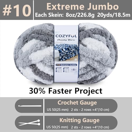 Image of Cozyful Chunky Yarn for Hand Knitting - #10 Chunky Chenille Blanket Yarn, Jumbo Big Thick Chunky Yarns for Crocheting, Tie Dye Bulky Knit Yarns, 8 Skein (20 yds 8 oz Each Skein), Multi Grey&White