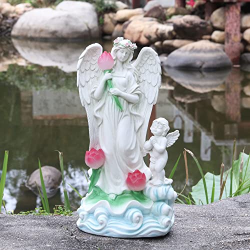 Voveexy Angel Garden Statue, Solar Garden Figurine Lotus Outdoor Decor With Warm White Light Resin Cherub Garden Sculpture For Patio Yard Lawn Porch Art Decoration Ornament Christmas Housewarming Gift #TOP1