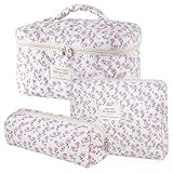 Everfunny 3 Pcs Cotton Quilted Makeup Bag Set, Floral Cotton Cosmetic Bag, Aesthetic Toiletry Travel Organizer Bag for Women (Purple Dandelion)