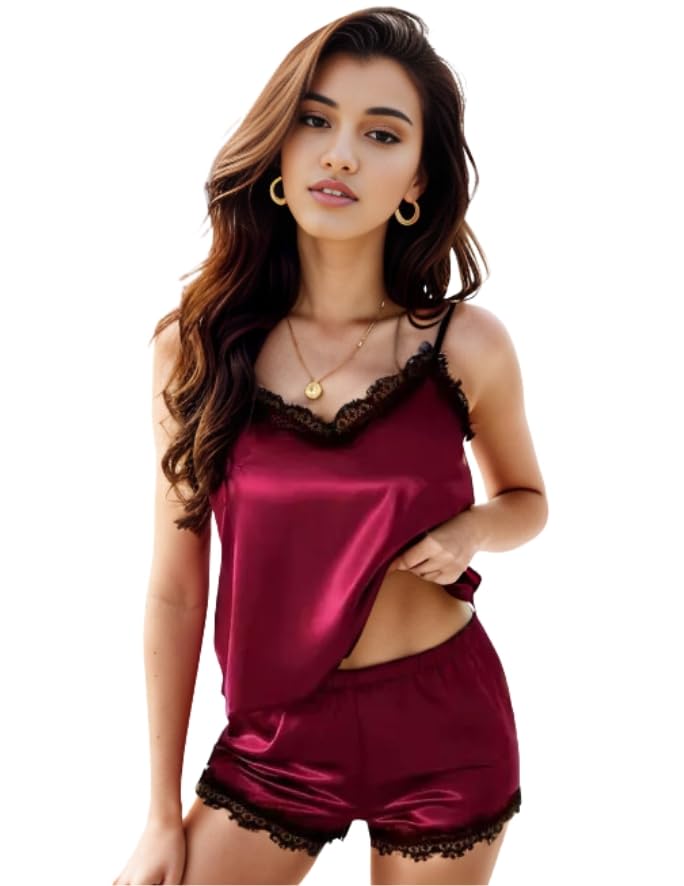 Women's Satin Camisole Babydoll Nightwear Set - Sleeveless Top with Black Lace Trim and Matching Shorts, Luxurious Sleepwear for Comfort and Elegance-image-2