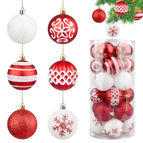 Bolas de Nieve Navideñas 60mm 24 Elegant Large Christmas Ball 6cm Ornaments with Hook for Christmas Tree Decorations Bolas Arvore de Natal Enfeites Bambalinas Grandes Baubles Navidad(Rojo Blanco)