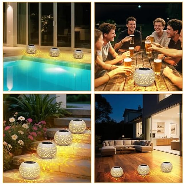 Solar Table Light Waterproof Outdoor & Indoor Lantern - White Metal Retro Hollowed-Out Flickering Flame Tabletop Lights for Desk/Bedroom/Patio/Garden, Solar Powered Lamp Pathway Yard Garden Decor